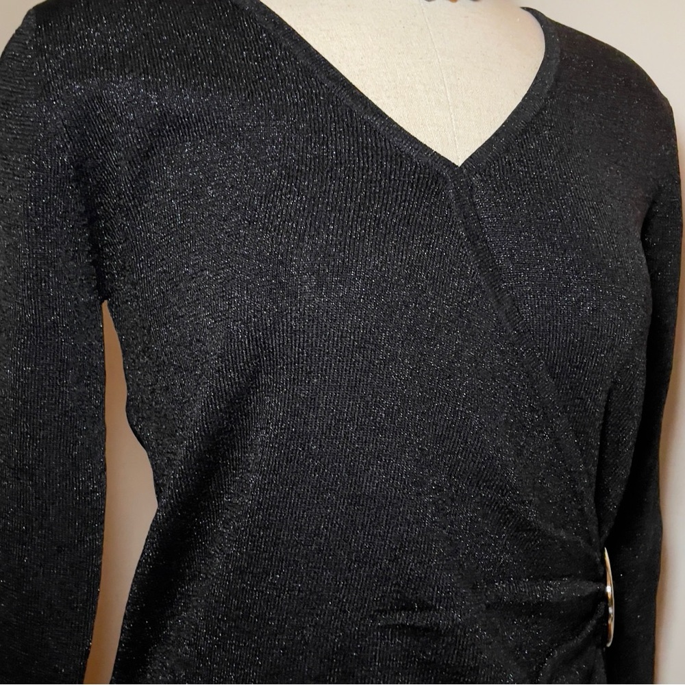 Black Sparkly V-Neck Faux Wrap Sweater Gold Ring Accent by Joseph A
Size Medium - Picture 9 of 15
